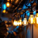 A photograph of a lighting contractor working on a dimming system installation