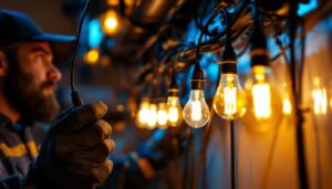 A photograph of a lighting contractor working on a dimming system installation