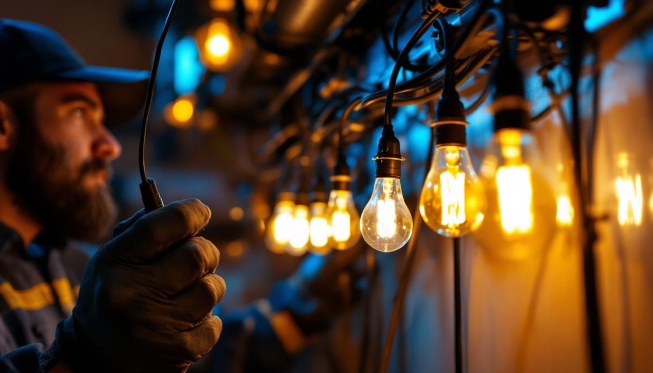 A photograph of a lighting contractor working on a dimming system installation
