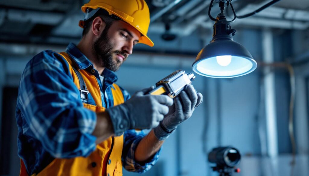 A photograph of a lighting contractor carefully removing a ballast from an old fixture