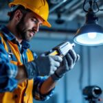 A photograph of a lighting contractor carefully removing a ballast from an old fixture