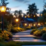 A photograph of a lighting contractor installing outdoor solar panel lights in a beautifully landscaped garden at dusk