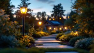 A photograph of a lighting contractor installing outdoor solar panel lights in a beautifully landscaped garden at dusk