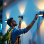 A photograph of a lighting contractor installing stylish office wall lights in a modern workspace
