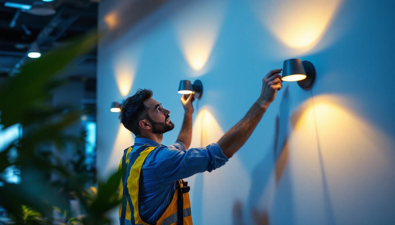 A photograph of a lighting contractor installing stylish office wall lights in a modern workspace