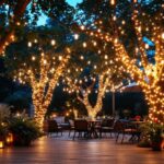 A photograph of a beautifully illuminated outdoor space featuring decorative lighting strings draped across trees or patios