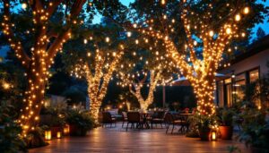 A photograph of a beautifully illuminated outdoor space featuring decorative lighting strings draped across trees or patios
