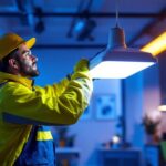 A photograph of a lighting contractor installing or showcasing an ac led fixture in a modern workspace