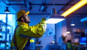 A photograph of a lighting contractor installing or showcasing an ac led fixture in a modern workspace