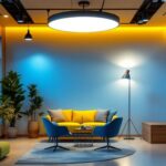 A photograph of a beautifully designed interior space showcasing various top-down lighting fixtures in use