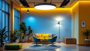 A photograph of a beautifully designed interior space showcasing various top-down lighting fixtures in use