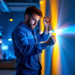 A photograph of a lighting contractor skillfully installing led strip lighting in a modern interior space