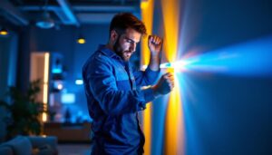 A photograph of a lighting contractor skillfully installing led strip lighting in a modern interior space