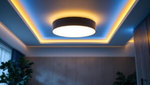 A photograph of a stylish flat ceiling light fixture installed in a modern living space