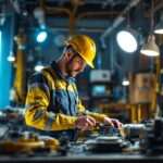 A photograph of a lighting contractor in action
