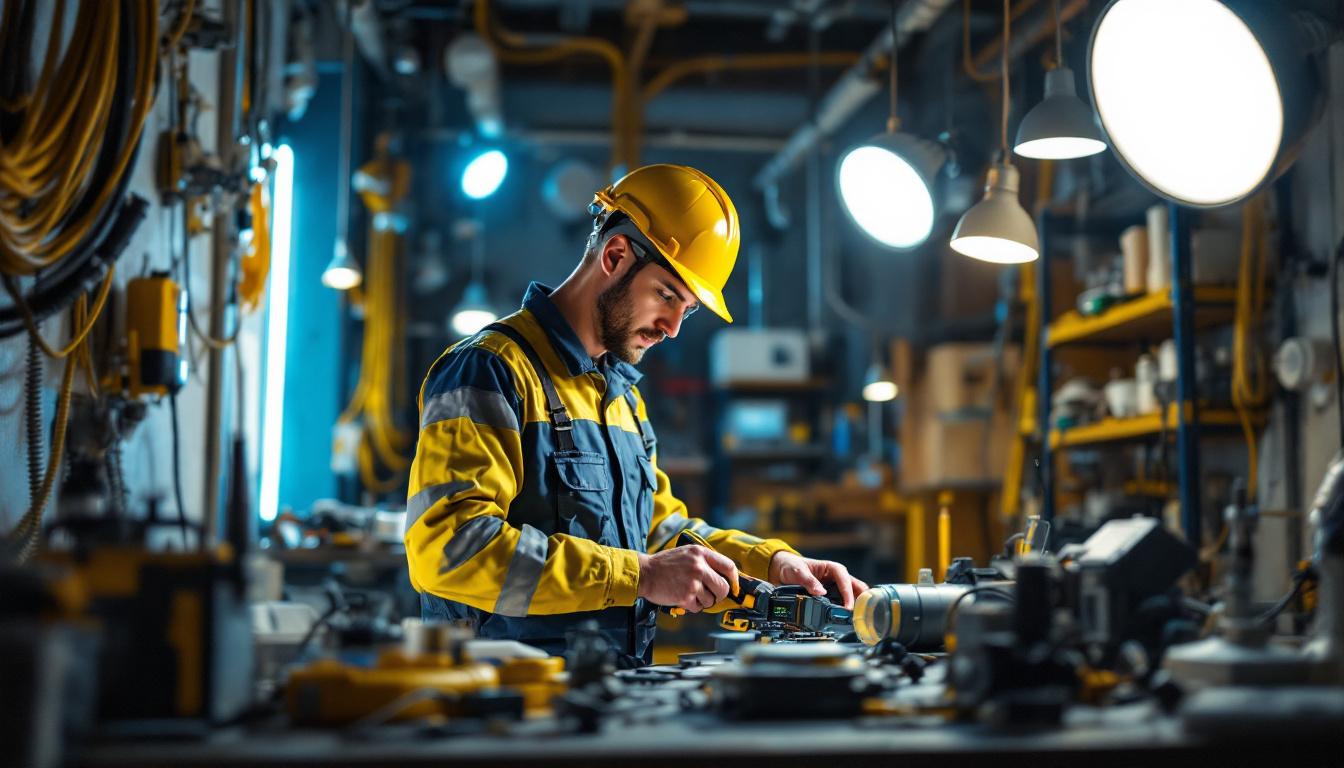 A photograph of a lighting contractor in action