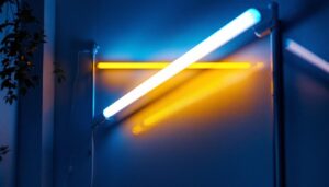 A photograph of a well-lit room showcasing a modern lighting installation project that incorporates old fluorescent lights