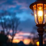 A photograph of a beautifully designed copper lamp post illuminated at dusk