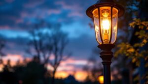 A photograph of a beautifully designed copper lamp post illuminated at dusk