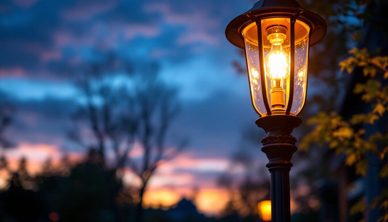 A photograph of a beautifully designed copper lamp post illuminated at dusk