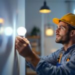 A photograph of a lighting contractor installing led bulbs alongside motion sensors in a modern residential setting