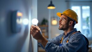 A photograph of a lighting contractor installing led bulbs alongside motion sensors in a modern residential setting