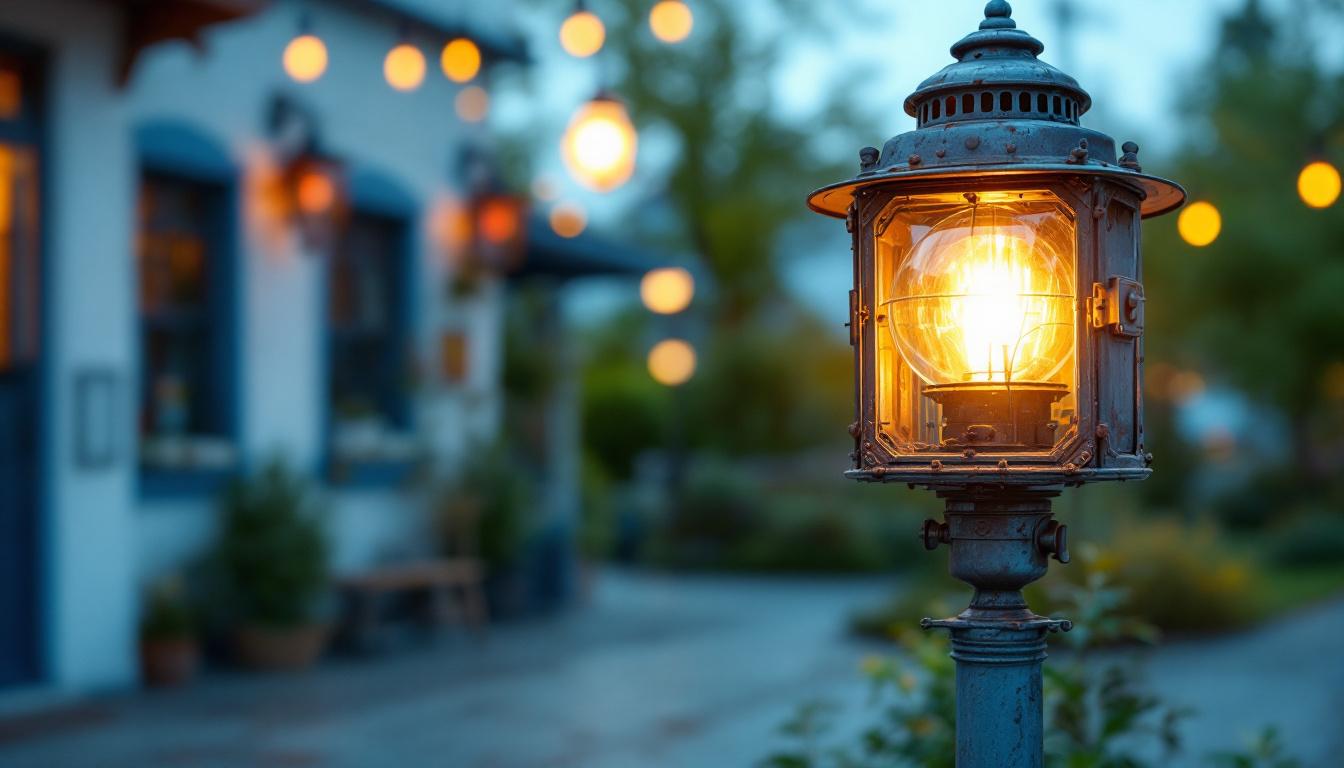 A photograph of a beautifully restored vintage service station light prominently displayed in an outdoor setting