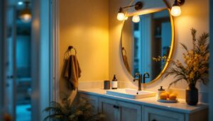 A photograph of a well-lit bathroom or vanity area showcasing stylish