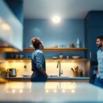 A photograph of a well-designed kitchen showcasing recessed ceiling downlights in action