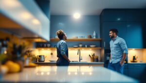 A photograph of a well-designed kitchen showcasing recessed ceiling downlights in action