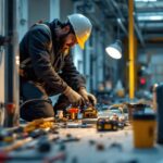 A photograph of a lighting contractor working diligently on a job site