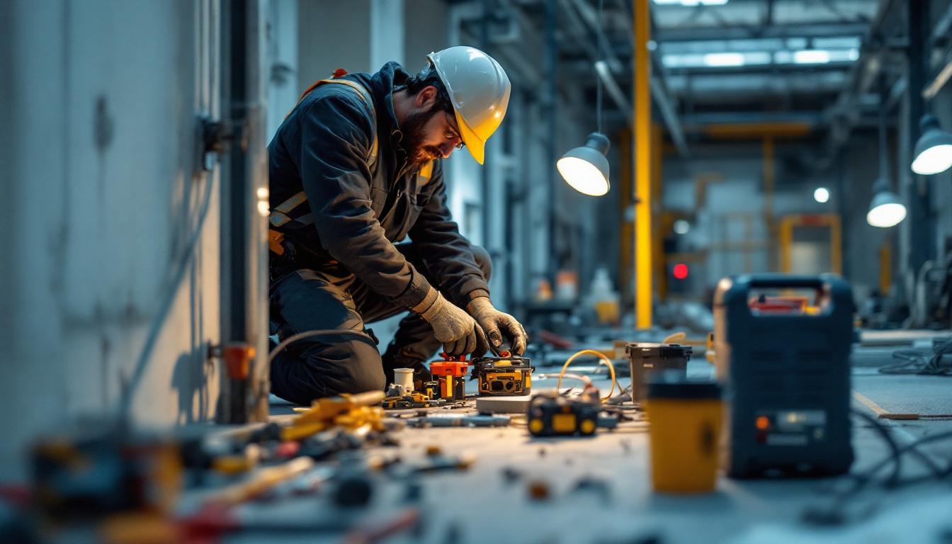 A photograph of a lighting contractor working diligently on a job site
