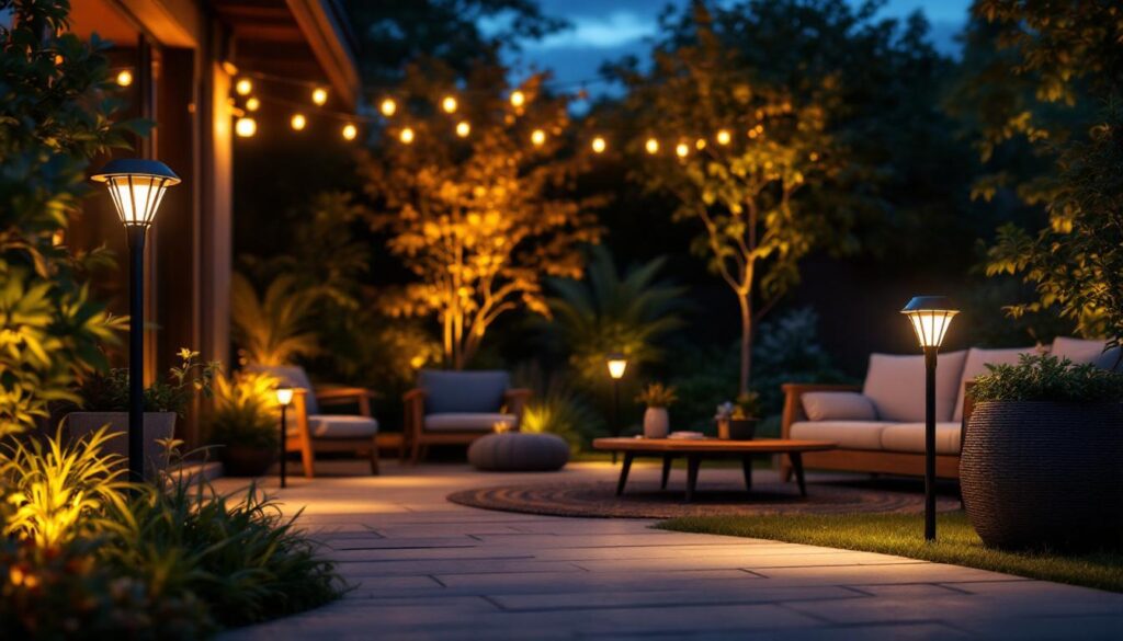 A photograph of a beautifully lit outdoor space showcasing various styles of commercial solar lights in use
