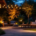 A photograph of a beautifully lit outdoor space showcasing various styles of commercial solar lights in use