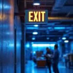 A photograph of a well-lit exit sign in a commercial building setting