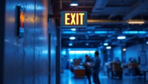 A photograph of a well-lit exit sign in a commercial building setting