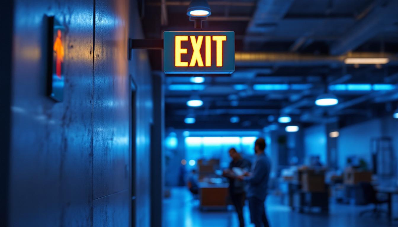 A photograph of a well-lit exit sign in a commercial building setting