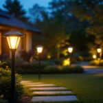 A photograph of a well-lit outdoor space featuring solar-powered lights illuminating a beautifully landscaped garden or patio