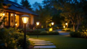 A photograph of a well-lit outdoor space featuring solar-powered lights illuminating a beautifully landscaped garden or patio