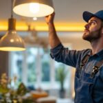 A photograph of a lighting contractor expertly installing chandier fixtures in a beautifully lit residential space