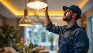 A photograph of a lighting contractor expertly installing chandier fixtures in a beautifully lit residential space