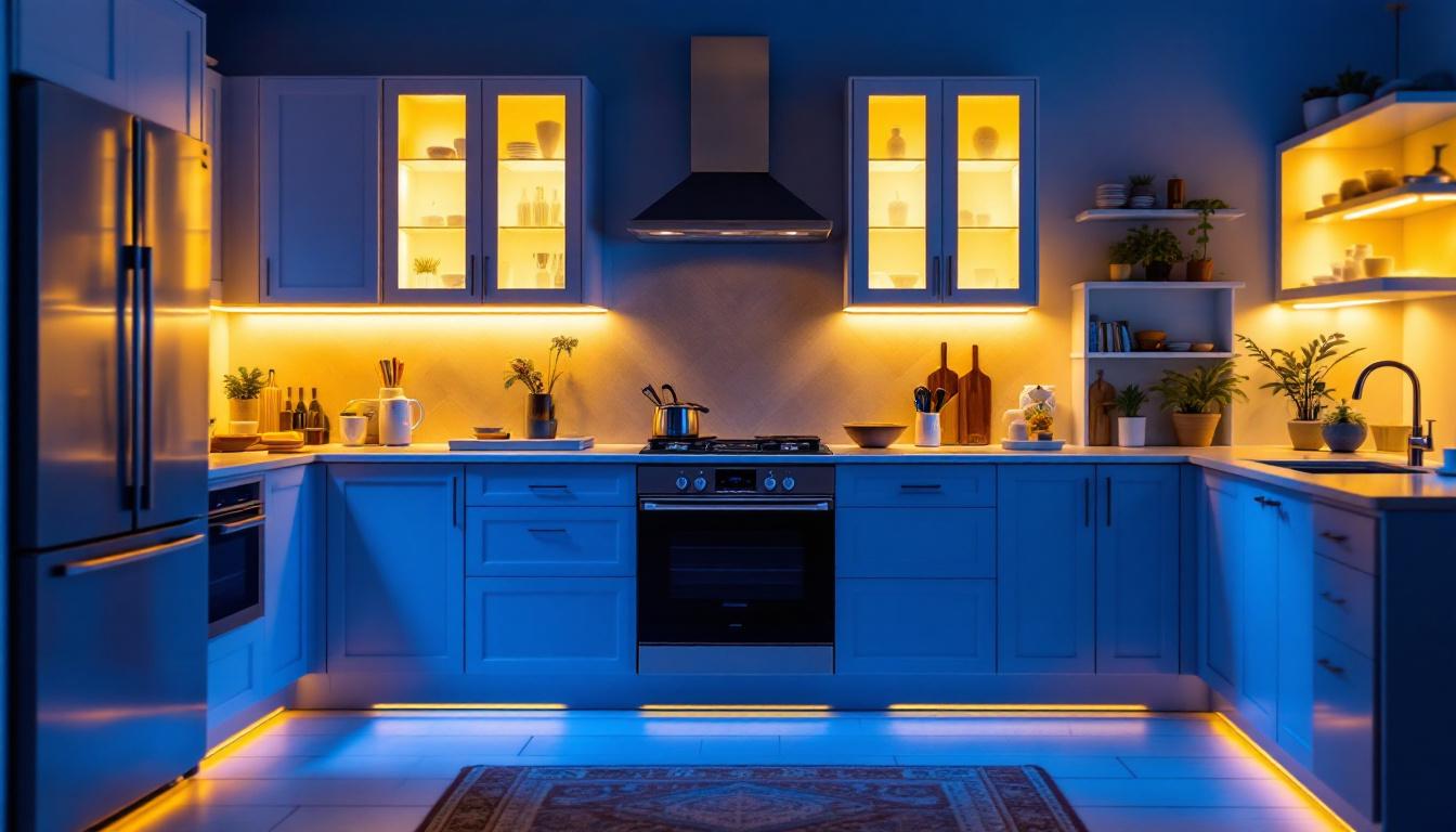 A photograph of a beautifully designed kitchen showcasing various cabinetry lighting options