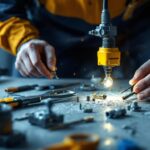 A photograph of a lighting contractor working on a lock plug installation