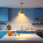 A photograph of a beautifully styled kitchen featuring a semi-flush light fixture that highlights the space