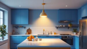 A photograph of a beautifully styled kitchen featuring a semi-flush light fixture that highlights the space