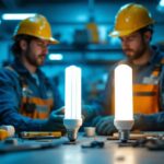 A photograph of a lighting contractor in action