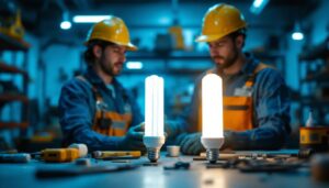 A photograph of a lighting contractor in action