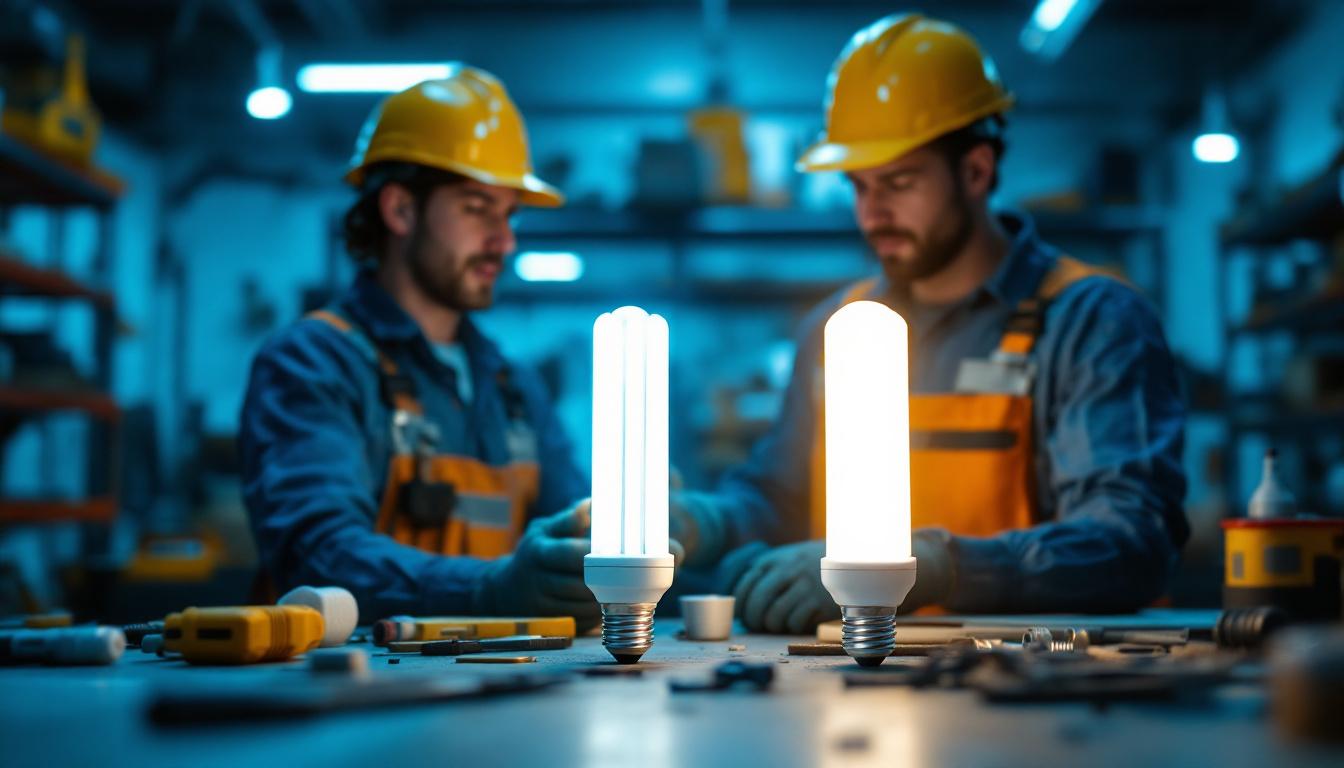 A photograph of a lighting contractor in action