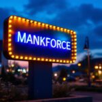 A photograph of a well-lit outdoor business sign at dusk