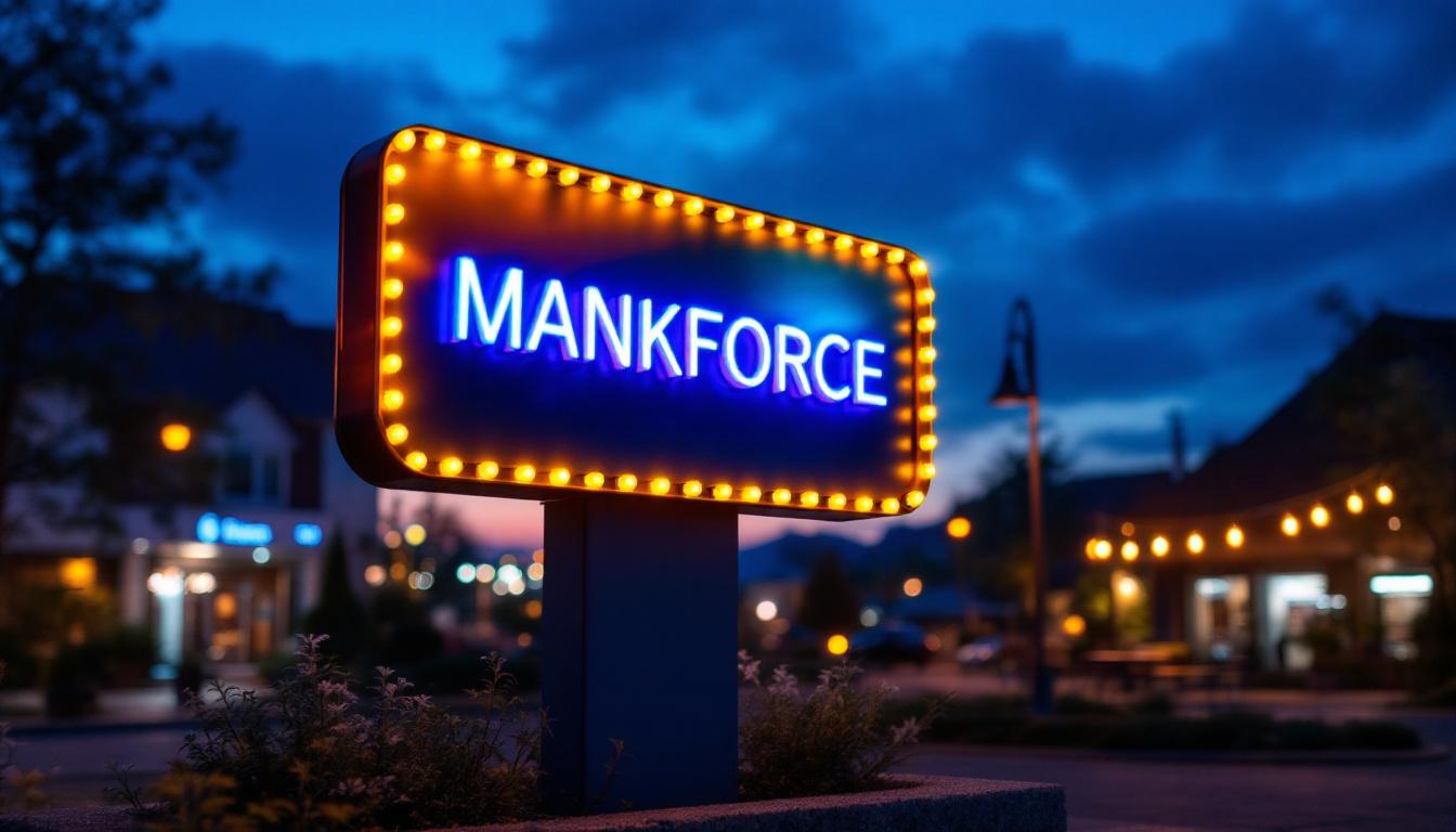 A photograph of a well-lit outdoor business sign at dusk